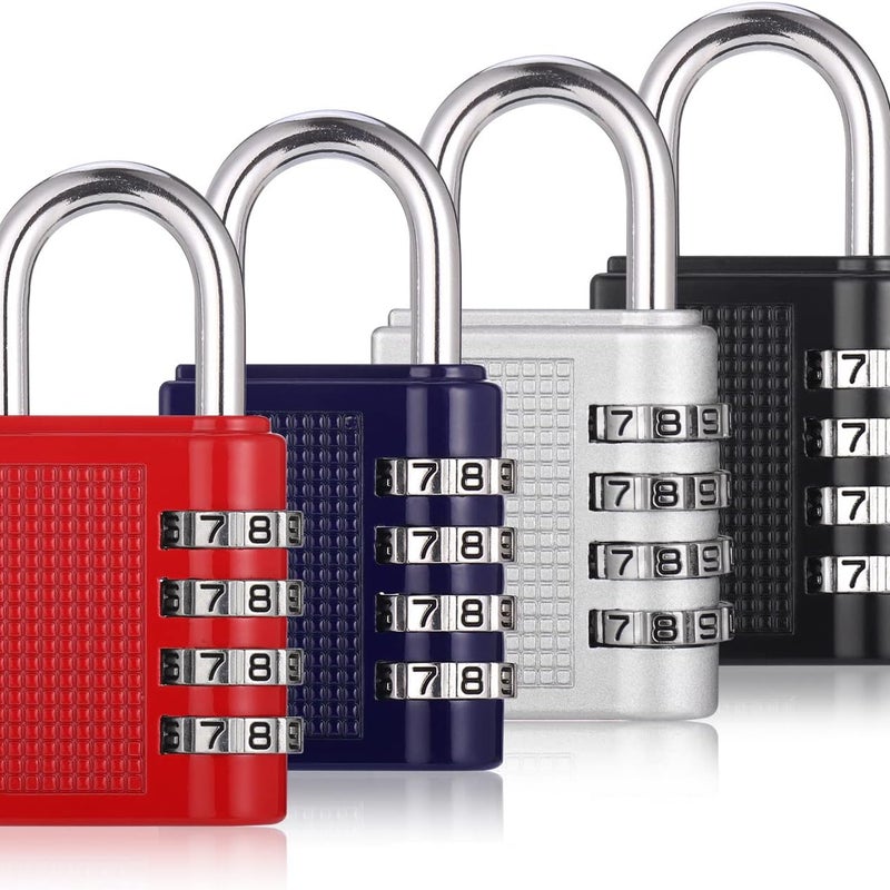 Zestaw 4 wytrzymałych metalowych kłódek szyfrowych do szafek i walizek zewnętrznych (wersja A): czarny, czerwony, srebrny, niebieski