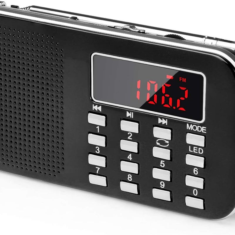 Małe przenośne radio z akumulatorem, 1 akumulatorem 200 mAh i światłem awaryjnym, mini USB/SD/AUX (czarne)