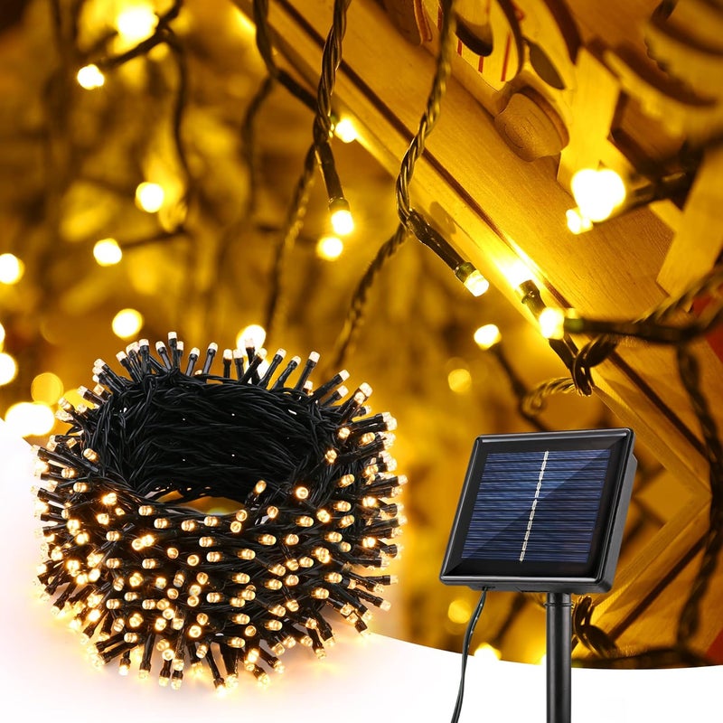 Zewnętrzne lampki solarne, 32 metry, 300 diod LED, wodoodporne, odpowiednie do ogrodów i tarasów, ciepłe białe światło