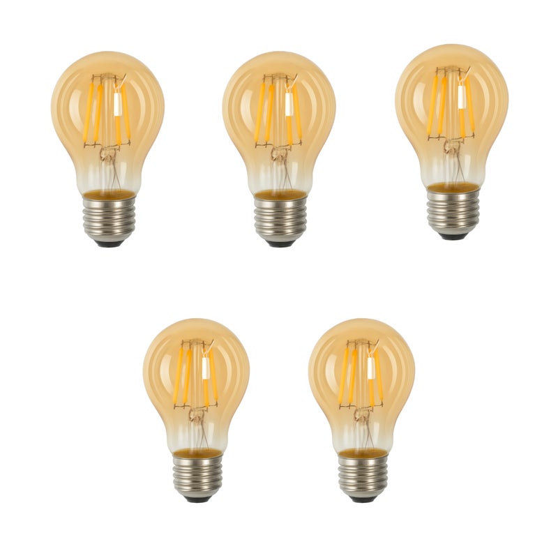 Zestaw 5 sztuk żarówek LED A60 E27 z żarnikiem 4 W 460 lm, wykończenie vintage w kolorze bursztynowym. Ciepłe światło 2700 K.
