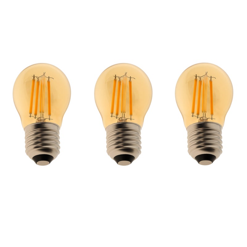 Zestaw 3 sztuk żarówek LED G45 E27 z żarnikiem 4 W 470 lm, wykończenie vintage w kolorze bursztynowym. Ciepłe światło 2700 K.