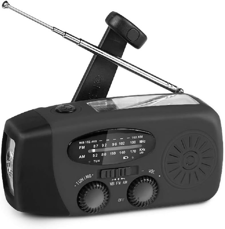 Przenośne radio pogodowe zasilane energią słoneczną, radio AM/FM z korbką i latarką LED, powerbank 2000 mAh, czarne