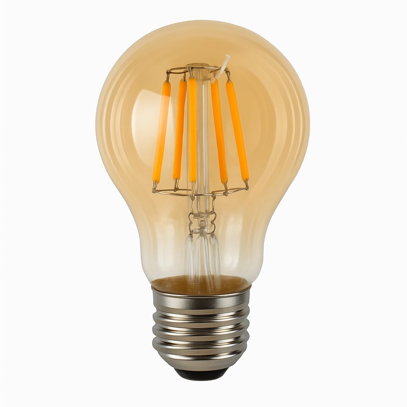 Żarówka LED A60 E27 z żarnikiem 6 W 550 lm, wykończenie vintage w kolorze bursztynowym. Ciepłe światło 2700 K.