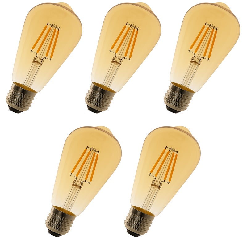 Zestaw 5 sztuk żarówek LED ST64 E27 Edison z żarnikiem 8 W 750 lm, wykończenie w stylu vintage w kolorze bursztynowym. Ciepłe światło 2700 K.