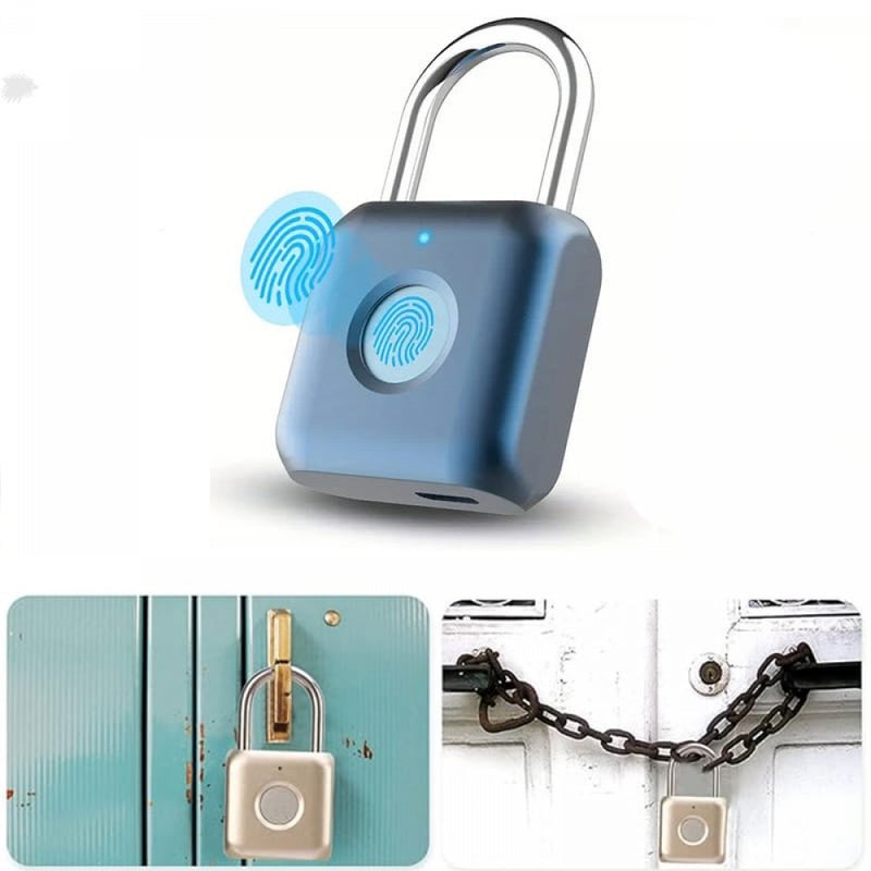Podwójna kłódka na odcisk palca, inteligentna kłódka, blokada rozpoznawania odcisku palca, wodoodporna, ładowanie przez USB, niebieska