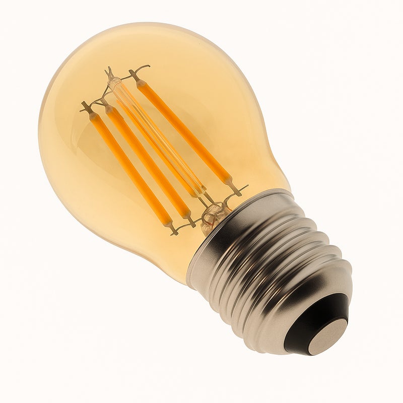 Żarówka LED G45 E27 z żarnikiem 4W 470Lm, wykończenie vintage w kolorze bursztynowym. Ciepłe światło 2700K.