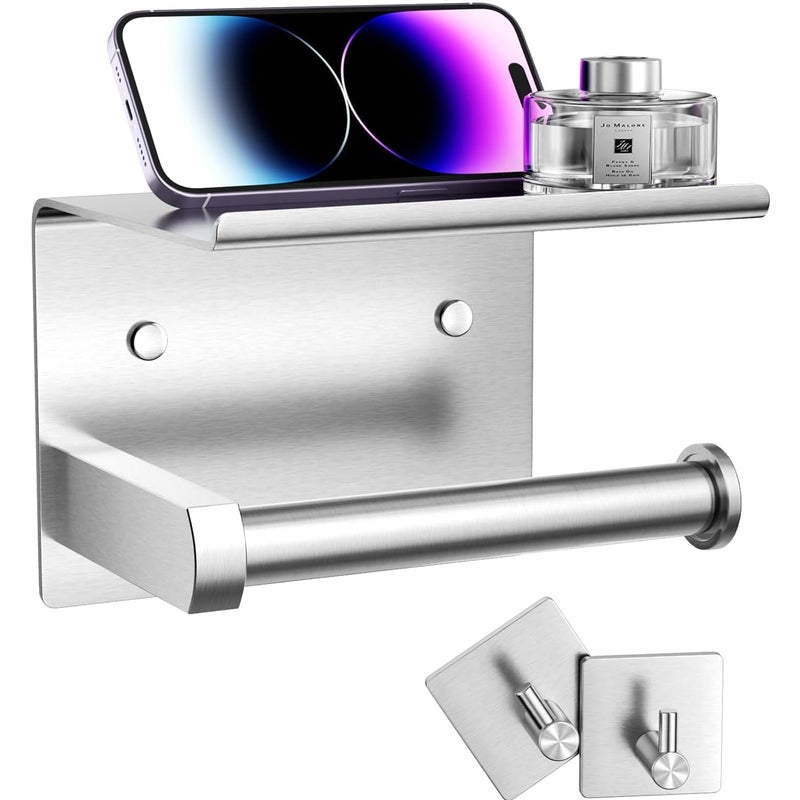 Uchwyt ścienny na papier toaletowy z półkami i wieszakami na ręczniki, wykonany ze stali nierdzewnej (szczotkowane srebro)