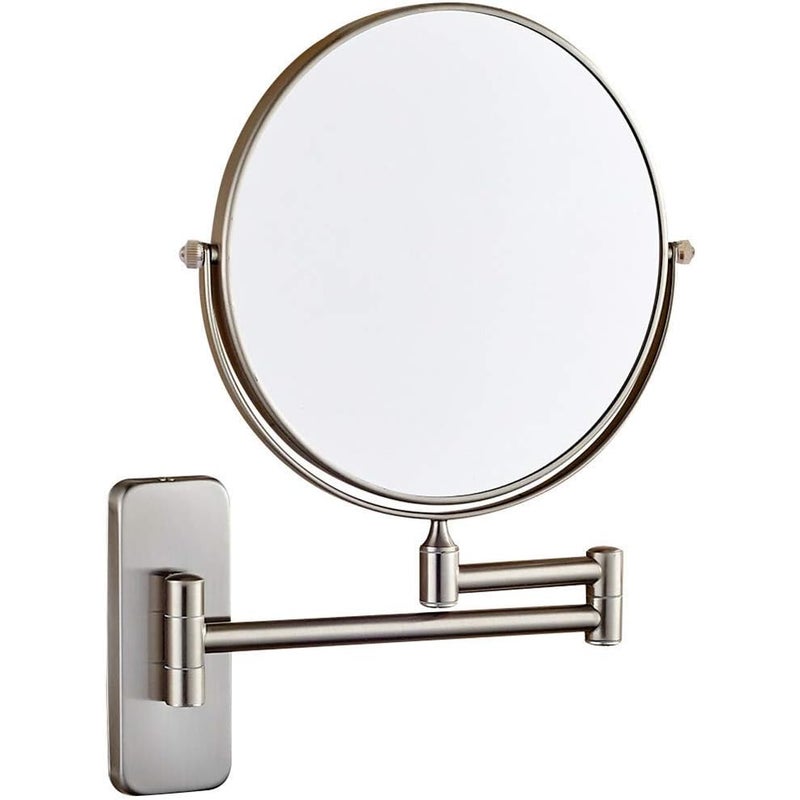 Lustro do makijażu montowane na ścianie, powiększenie 5x, obrotowe i wysuwane o 360°, szczotkowany nikiel, średnica 20 cm