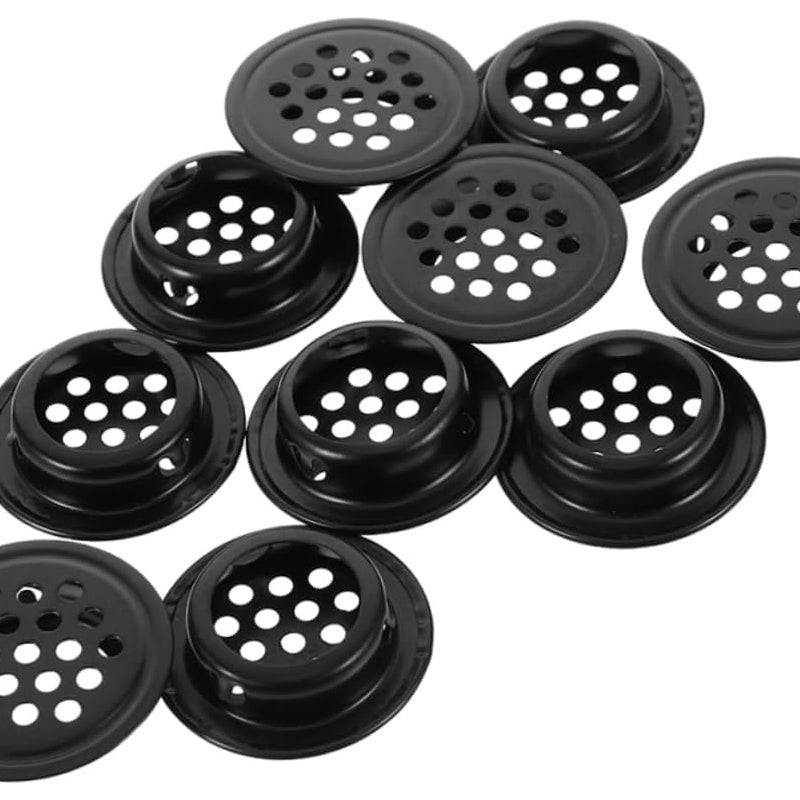 Kratka wentylacyjna okrągła, otwory wentylacyjne ze stali nierdzewnej, rozstaw montażowy 25 mm, czarna, 10 szt. (płaska)