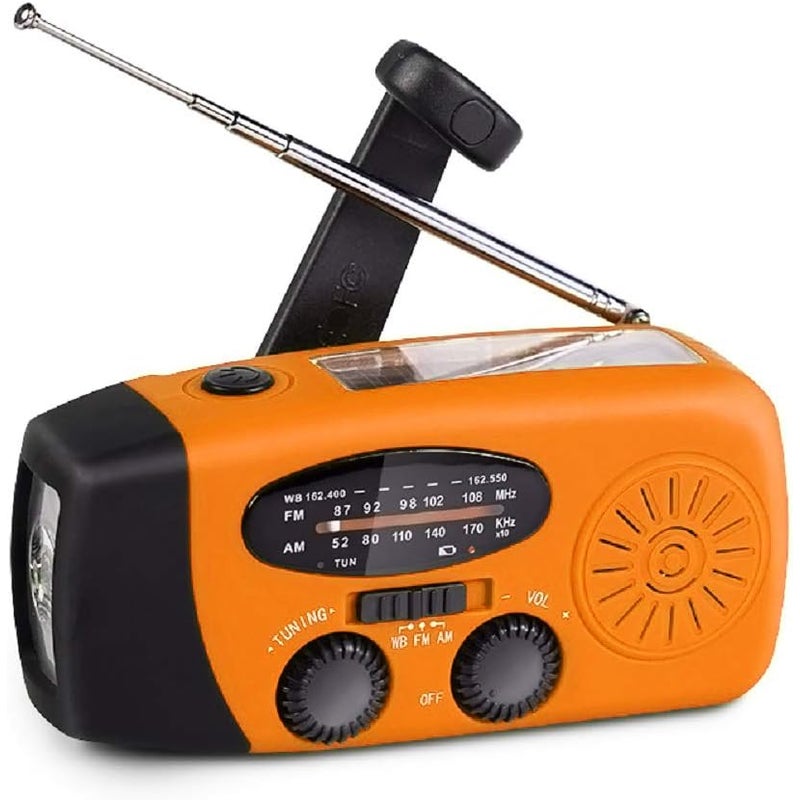 Przenośne radio pogodowe zasilane energią słoneczną, radio AM/FM z korbką i latarką LED, powerbank 2000 mAh, pomarańczowe