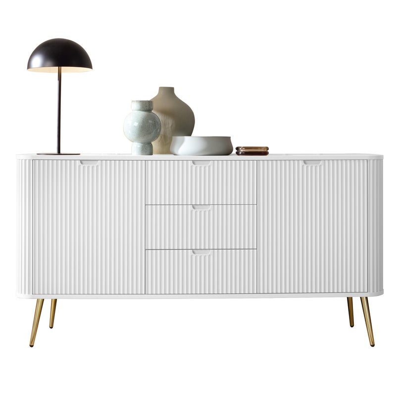 Elegancka komoda ZOVA 168 cm szeroka na złotych nogach ryflowany front Biała