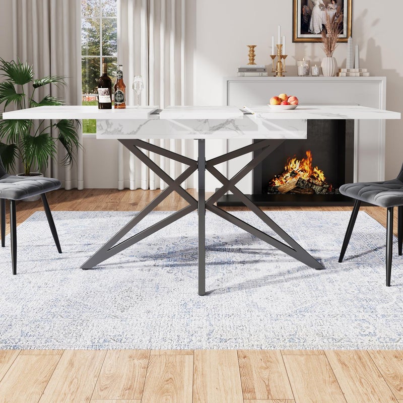 Rozkładany stół 120-160x80 cm, blat w efekcie marmuru, metalowe nogi w kształcie gwiazdy, dla 6–8 osób