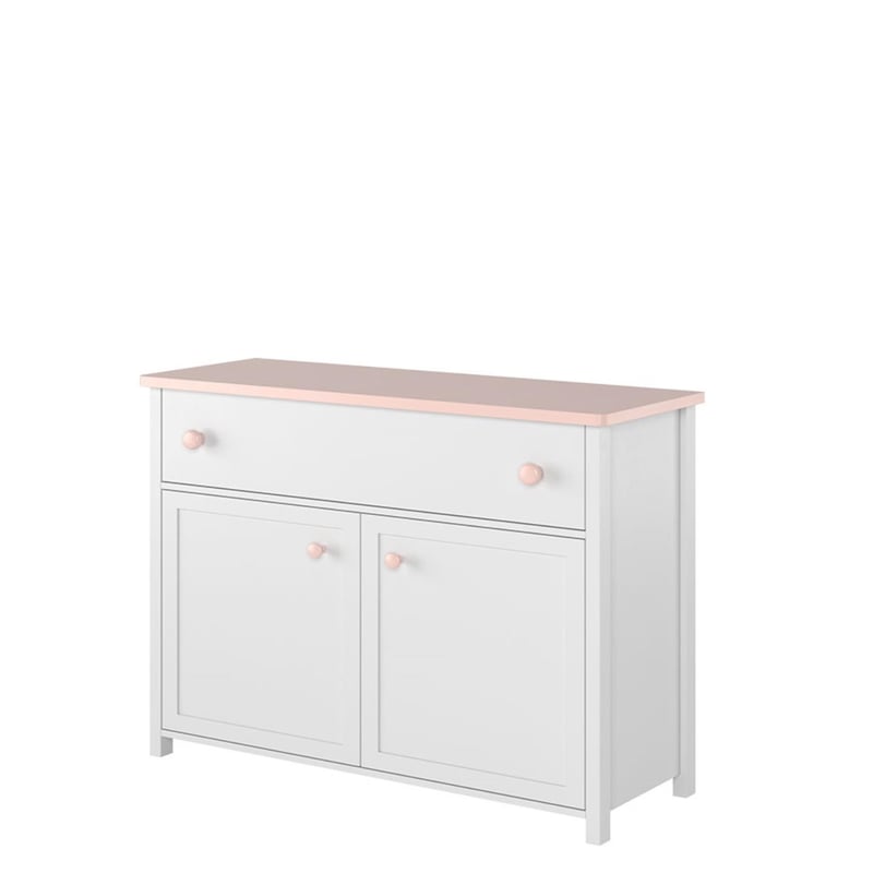 Elegancka komoda dwudrzwiowa z szufladą LUNA – biało-różowa do pokoju dziewczęcego