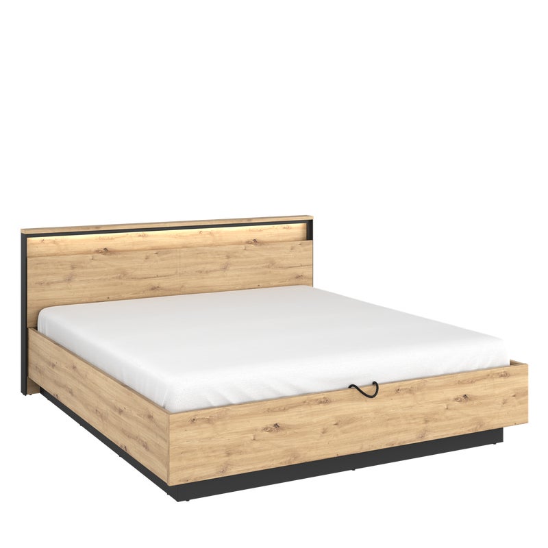 Industrialne łóżko 180 cm z pojemnikiem i LED – dąb artisan, nowoczesne
