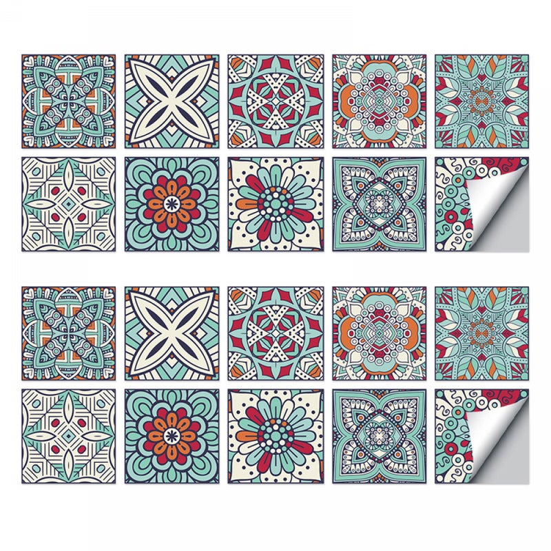 Tapeta samoprzylepna w stylu marokańskim, turkusowo-niebieski, 20 x 20 cm, wodoodporna, 20 sztuk