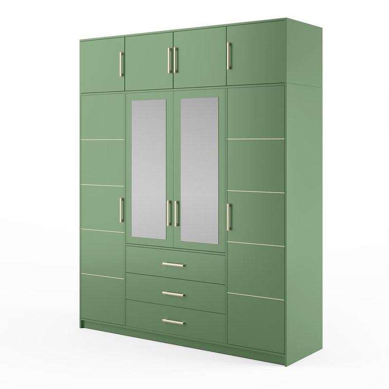 Szafa BALL II czterodrzwiowa z nadstawką i lustrem – złote uchwyty, butelkowa zieleń, 196 cm