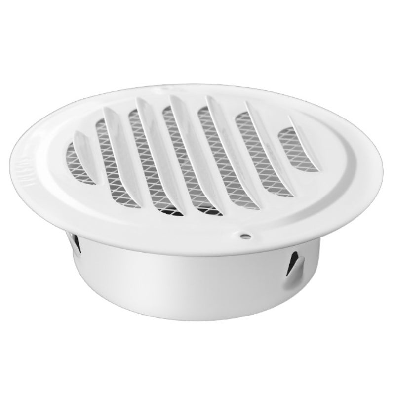 Kratka wentylacyjna okrągła płaska ze stali nierdzewnej z moskitierą, przeznaczona do otworów o średnicy 120 mm, biała