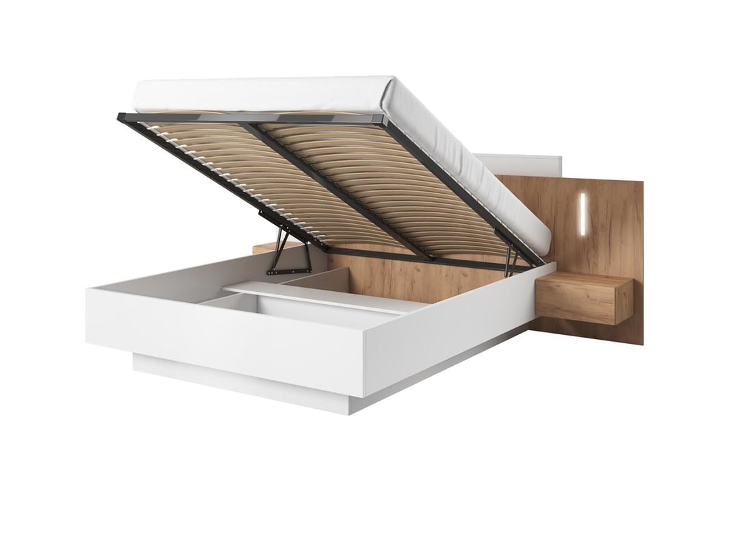 Łóżko WOOD z Stolikami Nocnymi – Biały Mat + Dąb Craft Złoty, Stelaż Metalowy z Podnośnikiem Gazowym