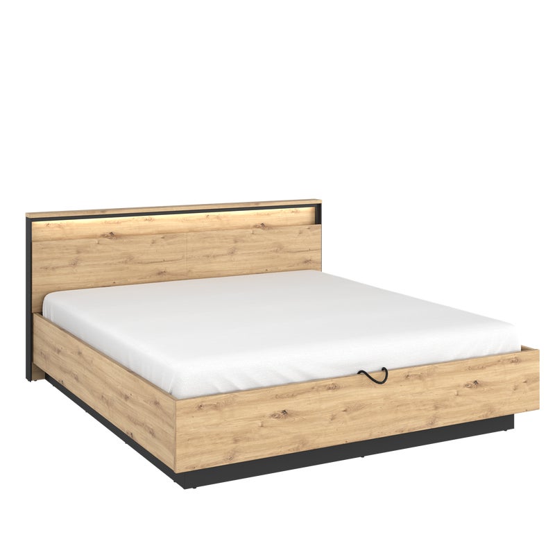 Industrialne łóżko 160 cm z pojemnikiem i LED – dąb artisan, styl loftowy