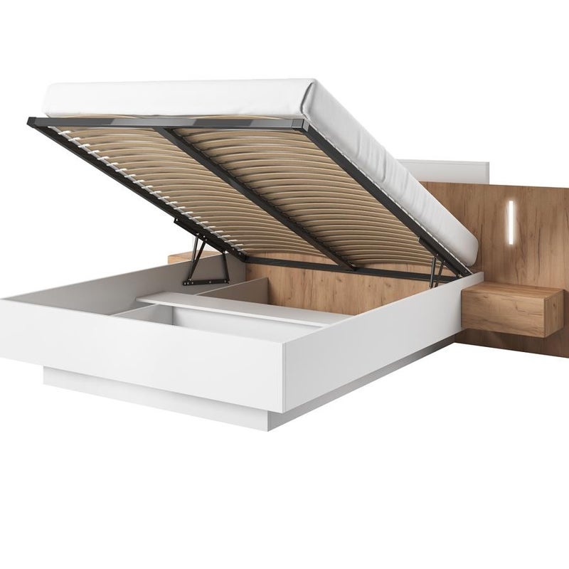 Łóżko WOOD z Stolikami – Biały Mat + Dąb Craft Złoty, Nowoczesny Design do Sypialni