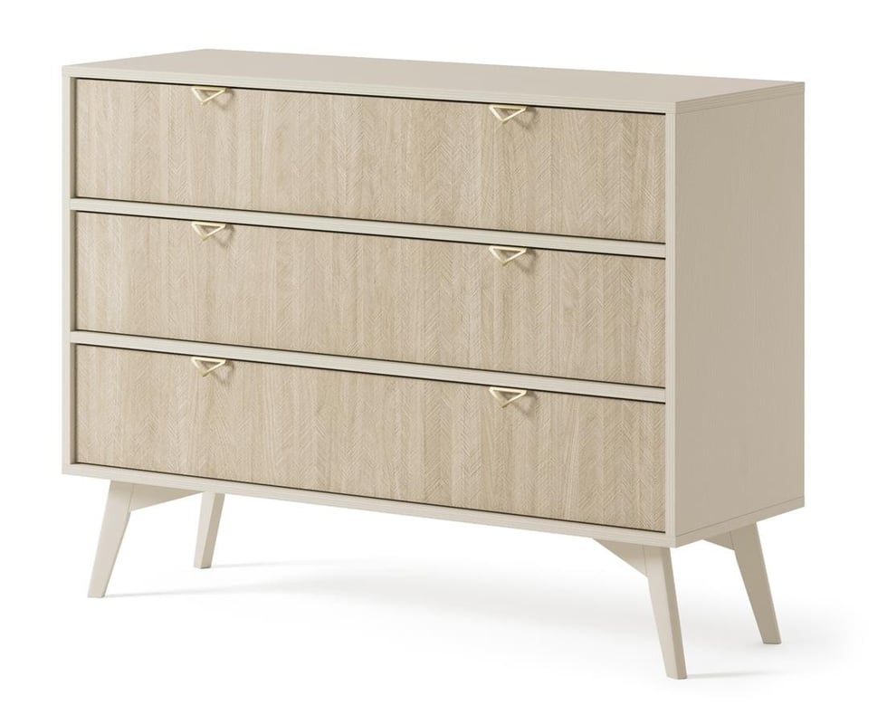 Komoda FIRR 106 cm – Beż piaskowy + Jodełka Scandi, 3 szuflady, złote uchwyty