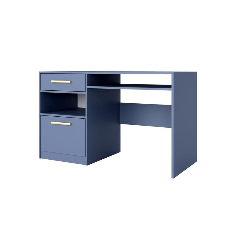 Zgaszony błękit i szuflada – biurko młodzieżowe BALL II z półkami, 125 cm