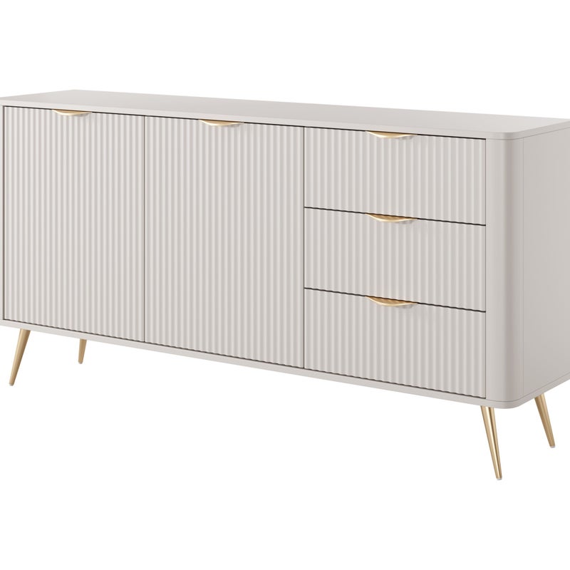 Komoda LANTE beżowa 163 cm – 3 szuflady z dwoma drzwiami, harmonia funkcji i stylu