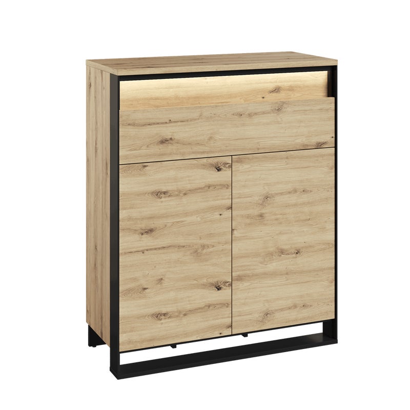 Komoda dwudrzwiowa QUARO z szufladą i LED – dąb artisan, czarna rama