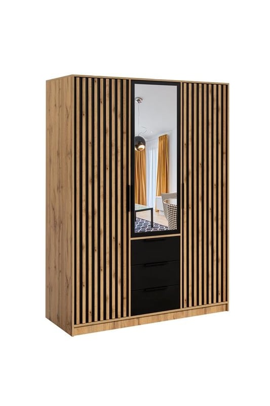 Trzydrzwiowa szafa BALL LUX z lustrem i czarnymi uchwytami – czarny/wotan, 150 cm