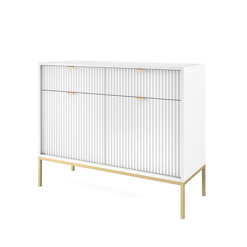 Elegancka komoda Nova 104cm z ryflowanym MDF biała, 2 parami drzwi i metalowymi złotymi nogami