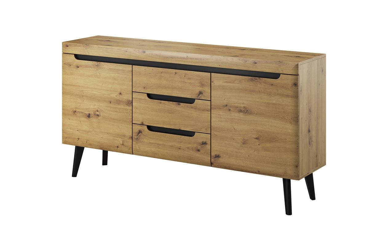Komoda NODIS 160 cm dąb Artisan + czarne akcenty, 3 szuflady i 2 szafki, na czarnych drewnianych nogach