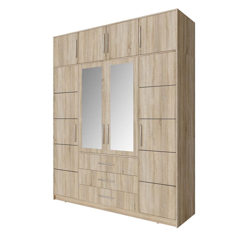 Czterodrzwiowa szafa BALL z nadstawką i lustrem – srebrne uchwyty, dąb sonoma, 196 cm