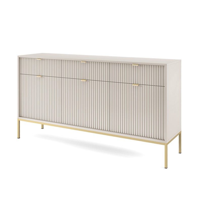 Kaszmirowa komoda Nova 154cm – szeroka, ryflowane wykończenie, 3 szuflady, metalowe złote nogi
