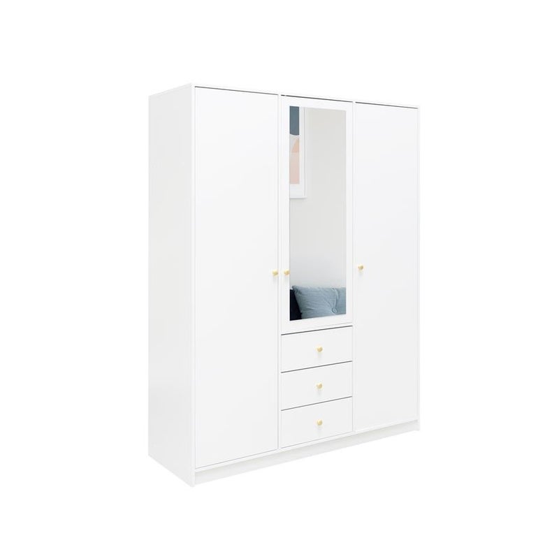 Biała szafa trzydrzwiowa RAINBOW II 150 cm z lustrem i złotymi uchwytami – elegancja do sypialni