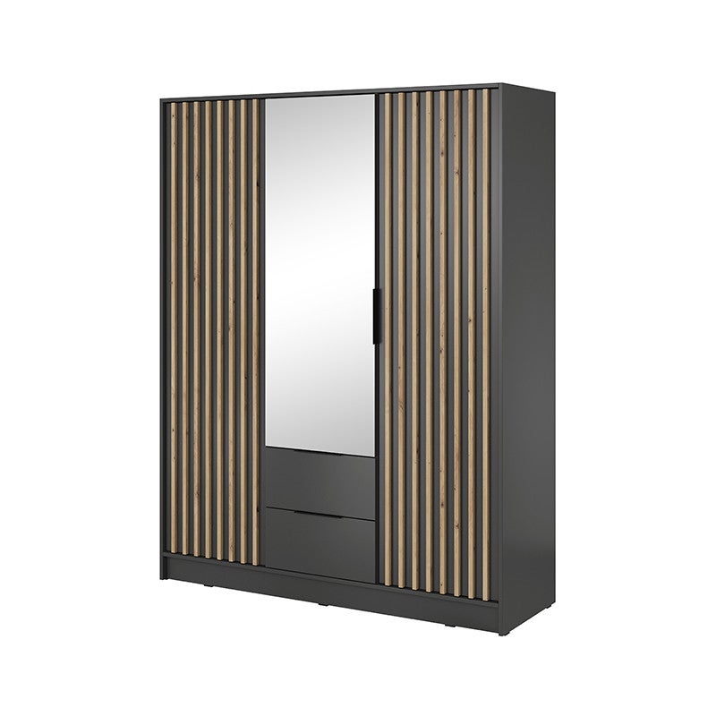 Grafitowa szafa Nelly 3D z lustrem i lamelami – pojemna, z szufladami i drążkiem