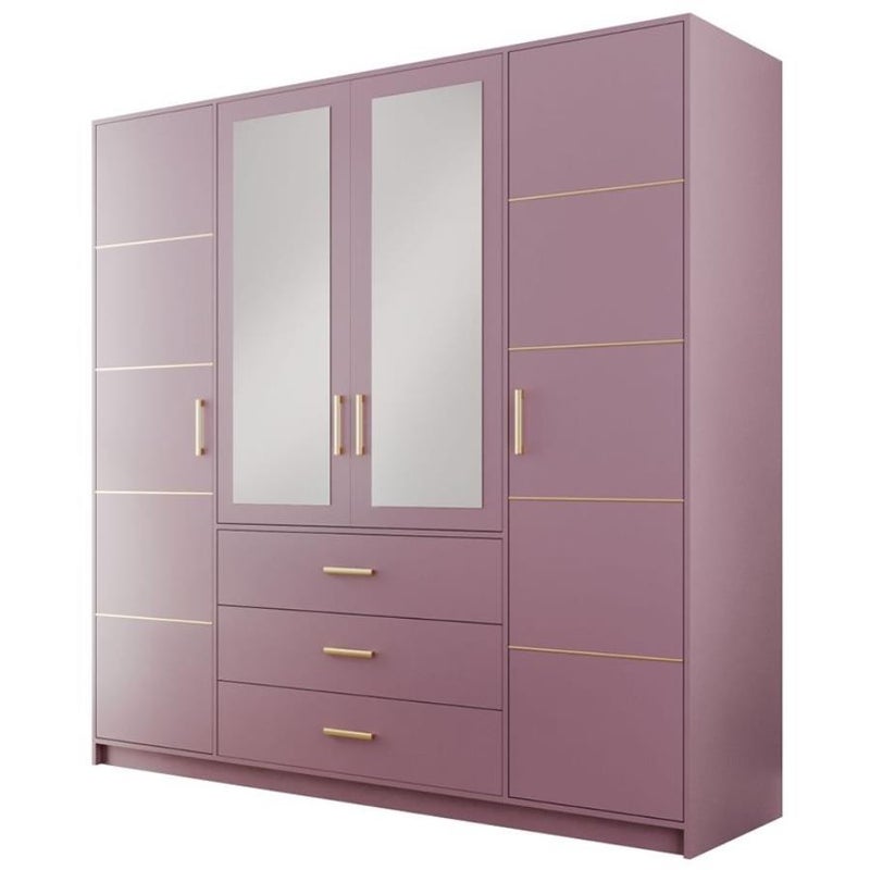 BALL II – elegancka czterodrzwiowa szafa z lustrem i złotymi uchwytami, śliwka, 196 cm