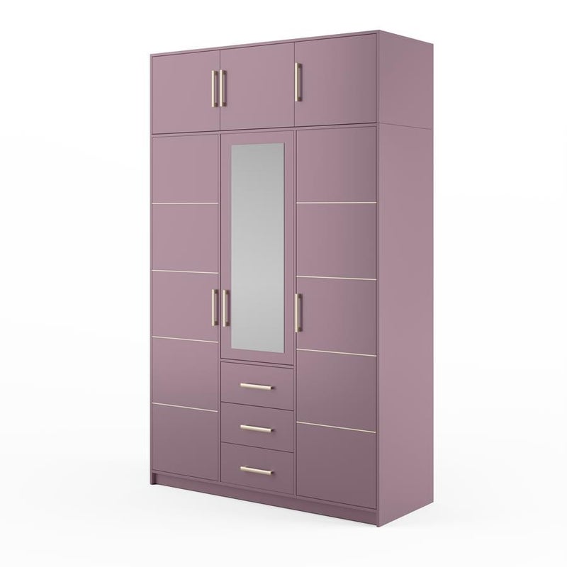 Szafa BALL II trzydrzwiowa z nadstawką i lustrem – złote uchwyty, śliwka, 147 cm