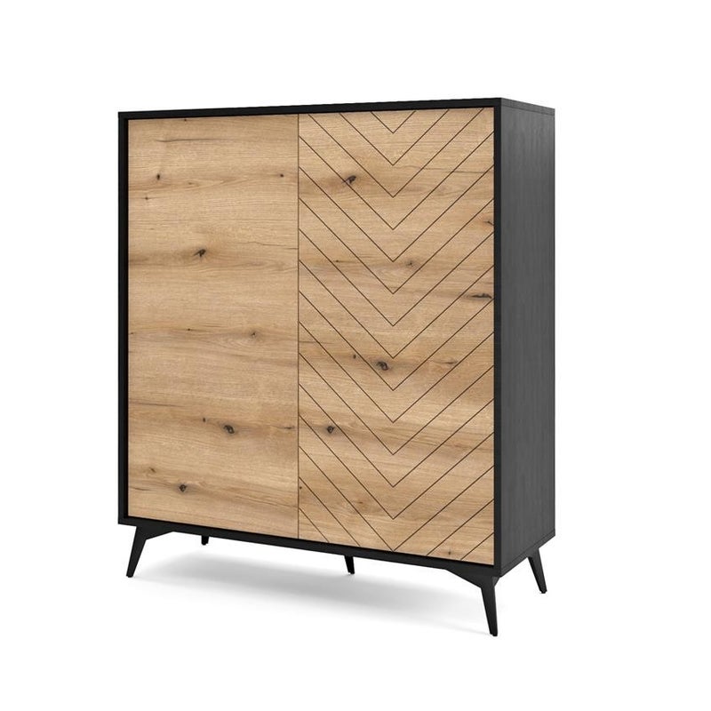 Wysoka komoda DIAMOND 104 cm – Dąb Evoke i Czarny Mat, 6 półek, jodełka