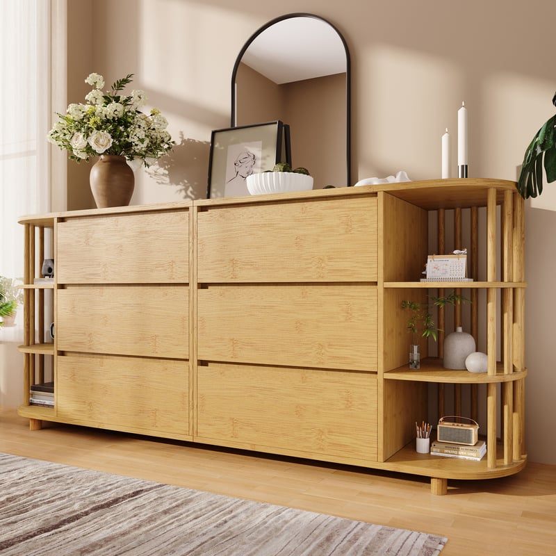 Komoda z 6 szufladami i otwartymi półkami - 160 x 40 x 75 cm - Bambus, MDF - Dąb