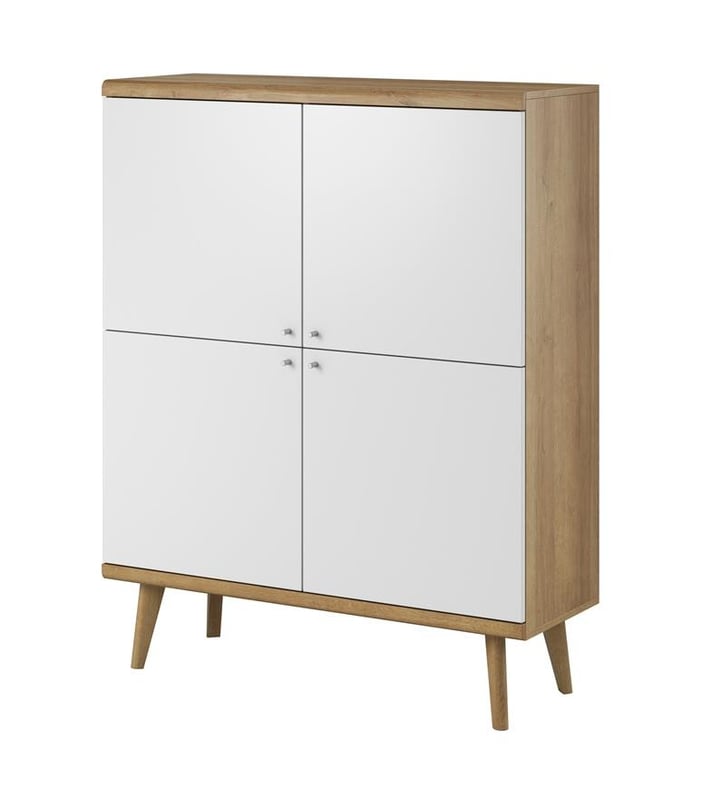 Komoda czterodrzwiowa PRIMO 107 cm – Elegancka komoda do salonu i sypialni w kolorze Białym + Dąb Riviera