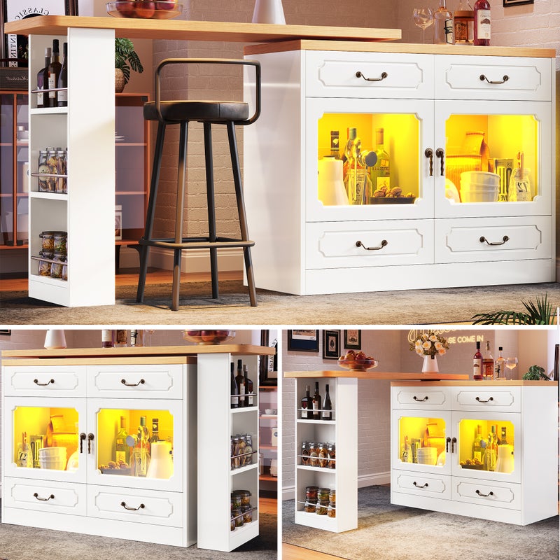 Szafka barowa obrotowa z 4 szufladami, 2 drzwiami i przegródkami - 137-203 x 39 x 92,8 cm - diody LED - MDF - kolor biały + naturalny