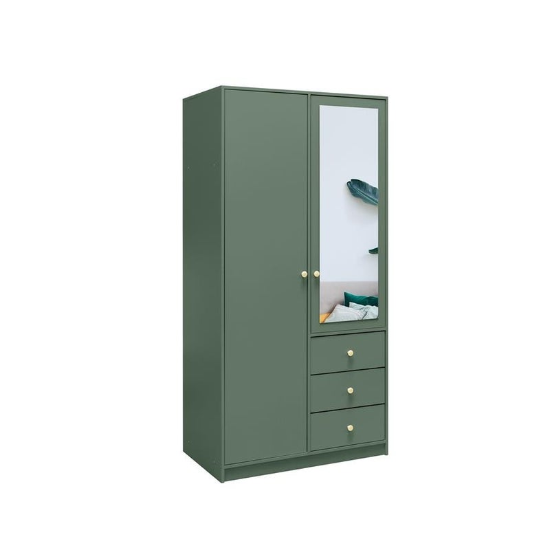 Szafa dwudrzwiowa RAINBOW II 100 cm z lustrem i złotymi uchwytami – butelkowa zieleń do sypialni