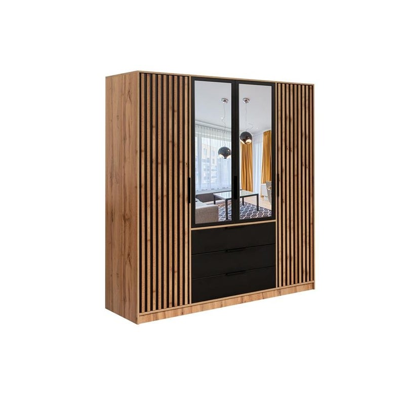 Czterodrzwiowa szafa BALL LUX z lustrem i czarnymi uchwytami – czarny/wotan, 196 cm