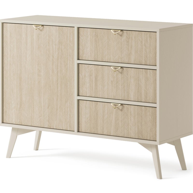 Komoda FIRR D3S 106 cm – Beż piaskowy + Jodełka Scandi, 3 szuflady, drzwi, złote uchwyty