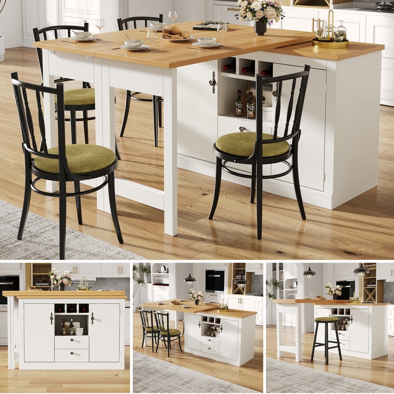 Rozkładany obrotowy stół jadalny z 2 drzwiami i 2 szufladami, wyspa kuchenna - 120-180 x 40 x 71,5 cm - MDF - Biały + naturalny