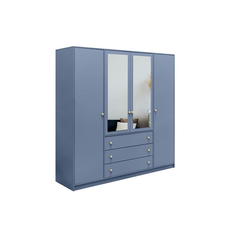 Szafa czterodrzwiowa RAINBOW II 196 cm z lustrem i złotymi uchwytami – zgaszony błękit do sypialni