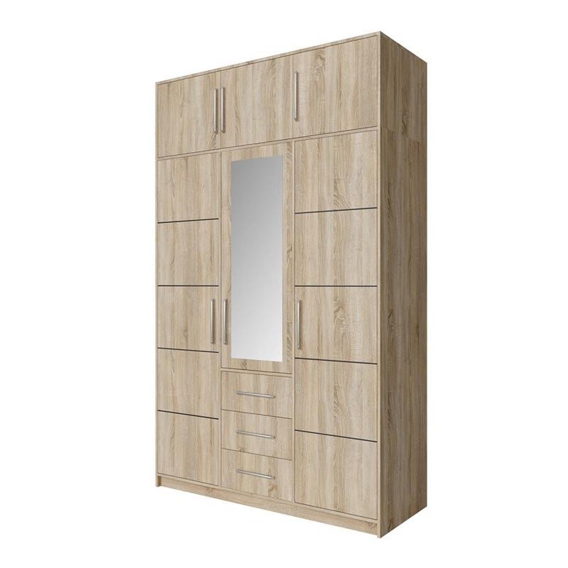 Szafa BALL 3D trzydrzwiowa z nadstawką i lustrem – srebrne uchwyty, dąb sonoma, 147 cm