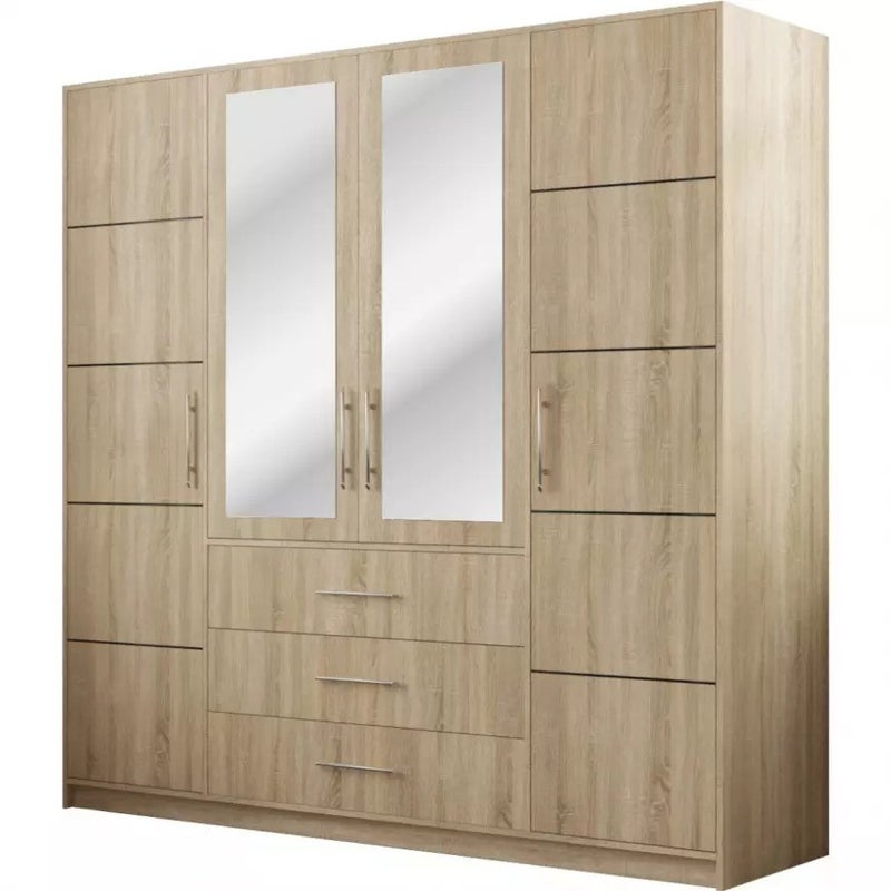 Czterodrzwiowa szafa BALL z lustrem i srebrnymi uchwytami – dąb sonoma, 196 cm
