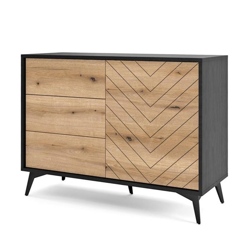Komoda z szufladami DIAMOND 104 cm – Dąb Evoke i Czarny Mat, frez jodełka