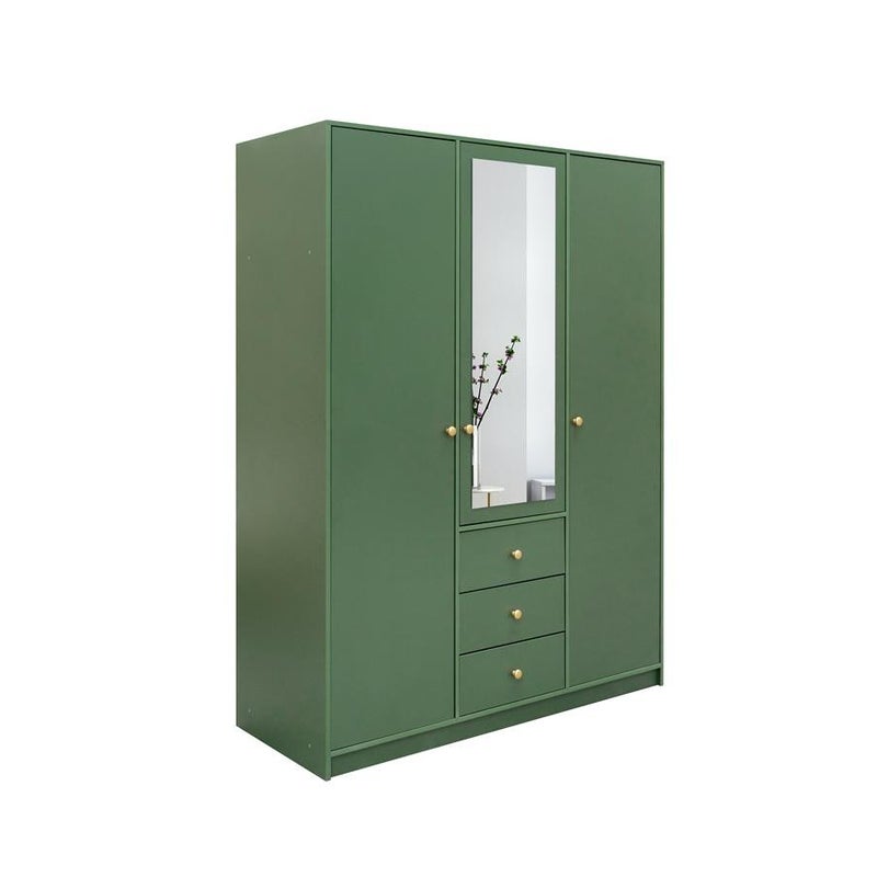 Szafa trzydrzwiowa RAINBOW II 150 cm z lustrem i złotymi uchwytami – butelkowa zieleń do sypialni